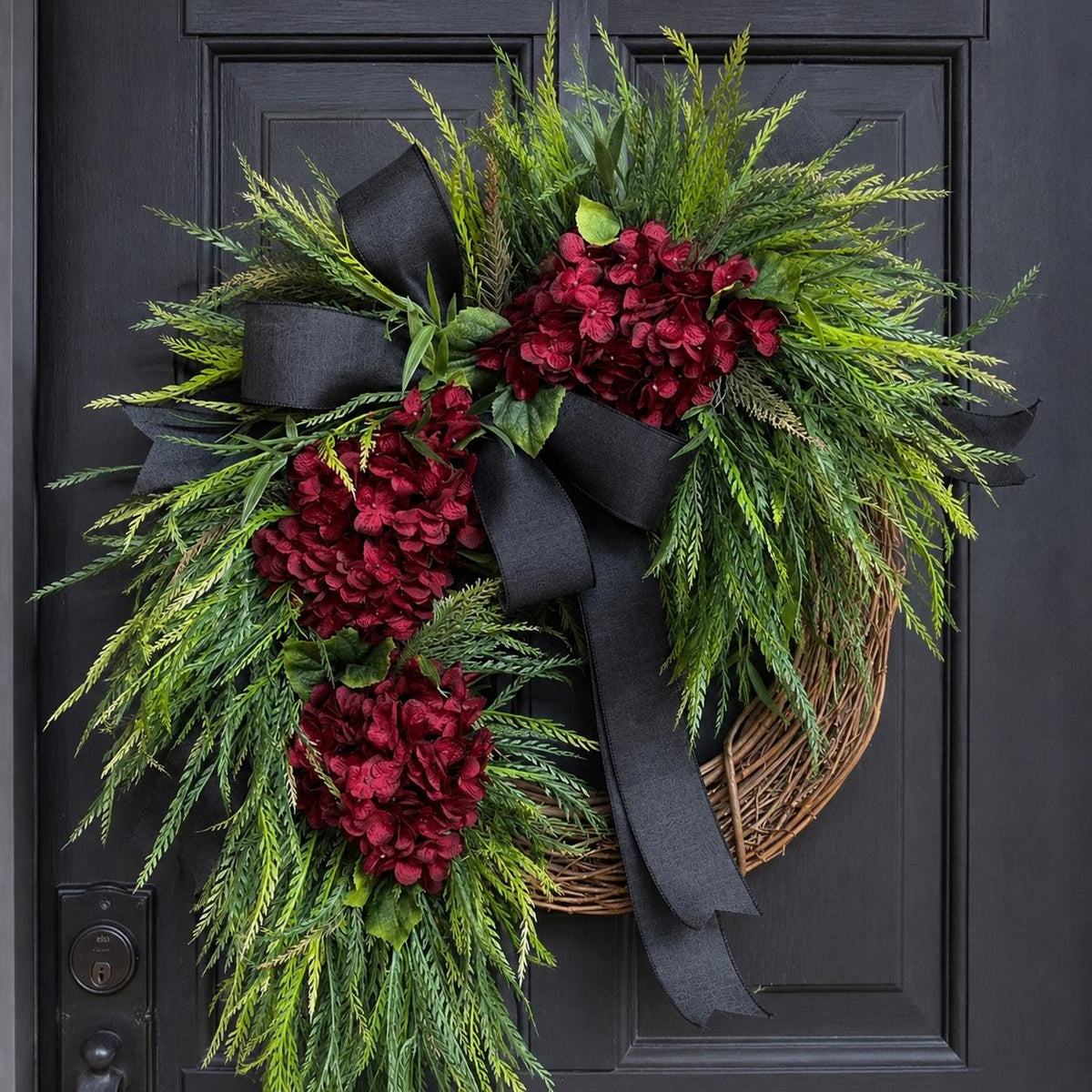 Burgundy Hydrangea Wreath, Fall Front Door Wreath, Black Bow Grapevine Wreath