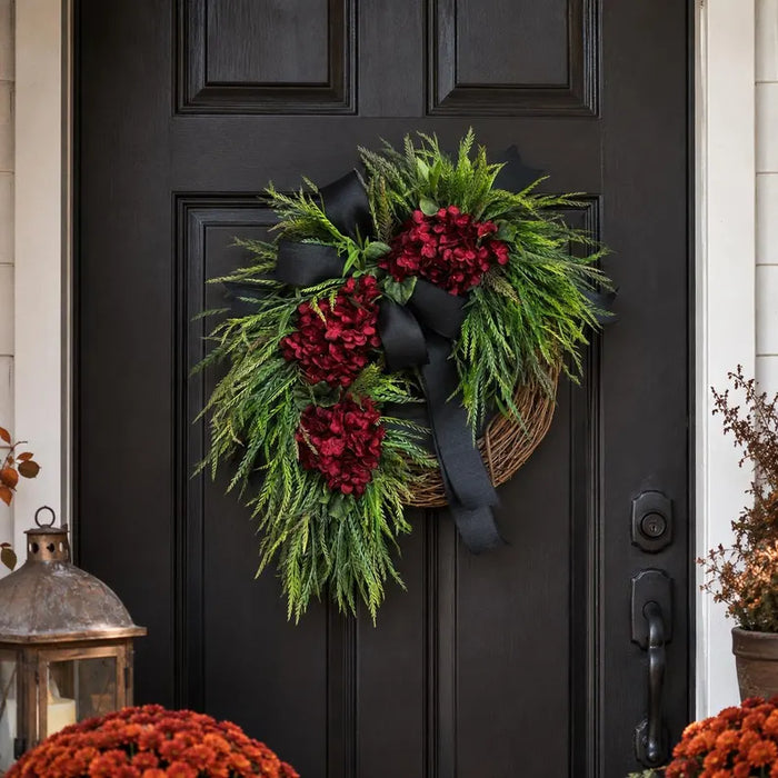 Burgundy Hydrangea Wreath, Fall Front Door Wreath, Black Bow Grapevine Wreath
