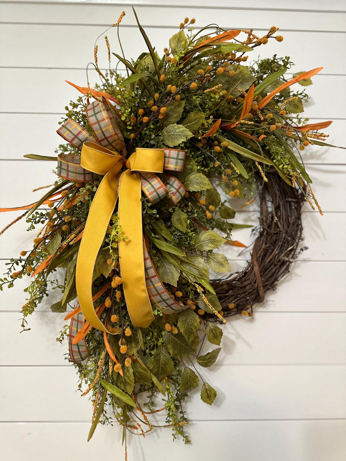 Fall front door wreath, Summer and Fall beaded grass grapevine