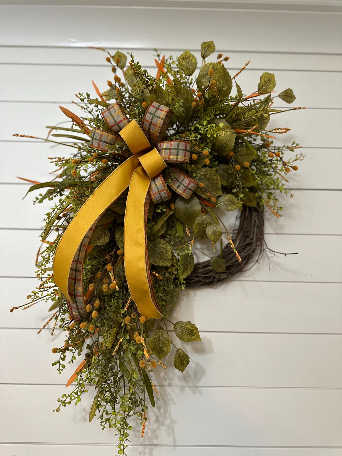 Fall front door wreath, Summer and Fall beaded grass grapevine