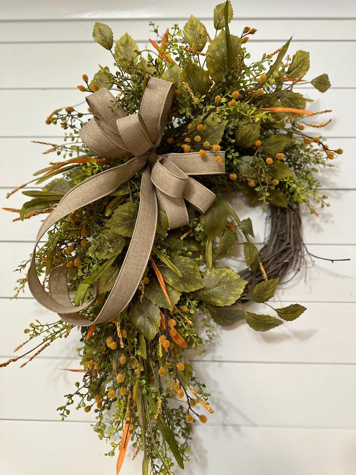 Fall front door wreath, Summer and Fall beaded grass grapevine