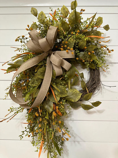 Fall front door wreath, Summer and Fall beaded grass grapevine