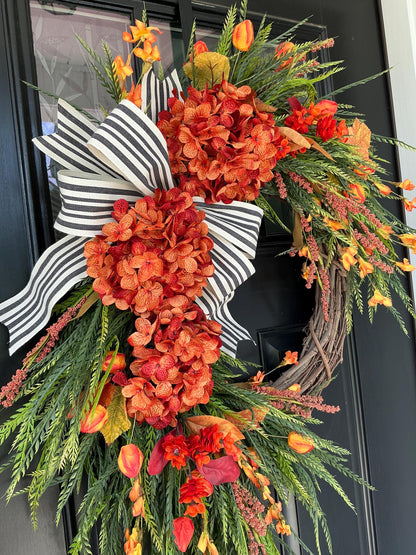 Fall Wreath for Front Door with Orange Hydrangeas