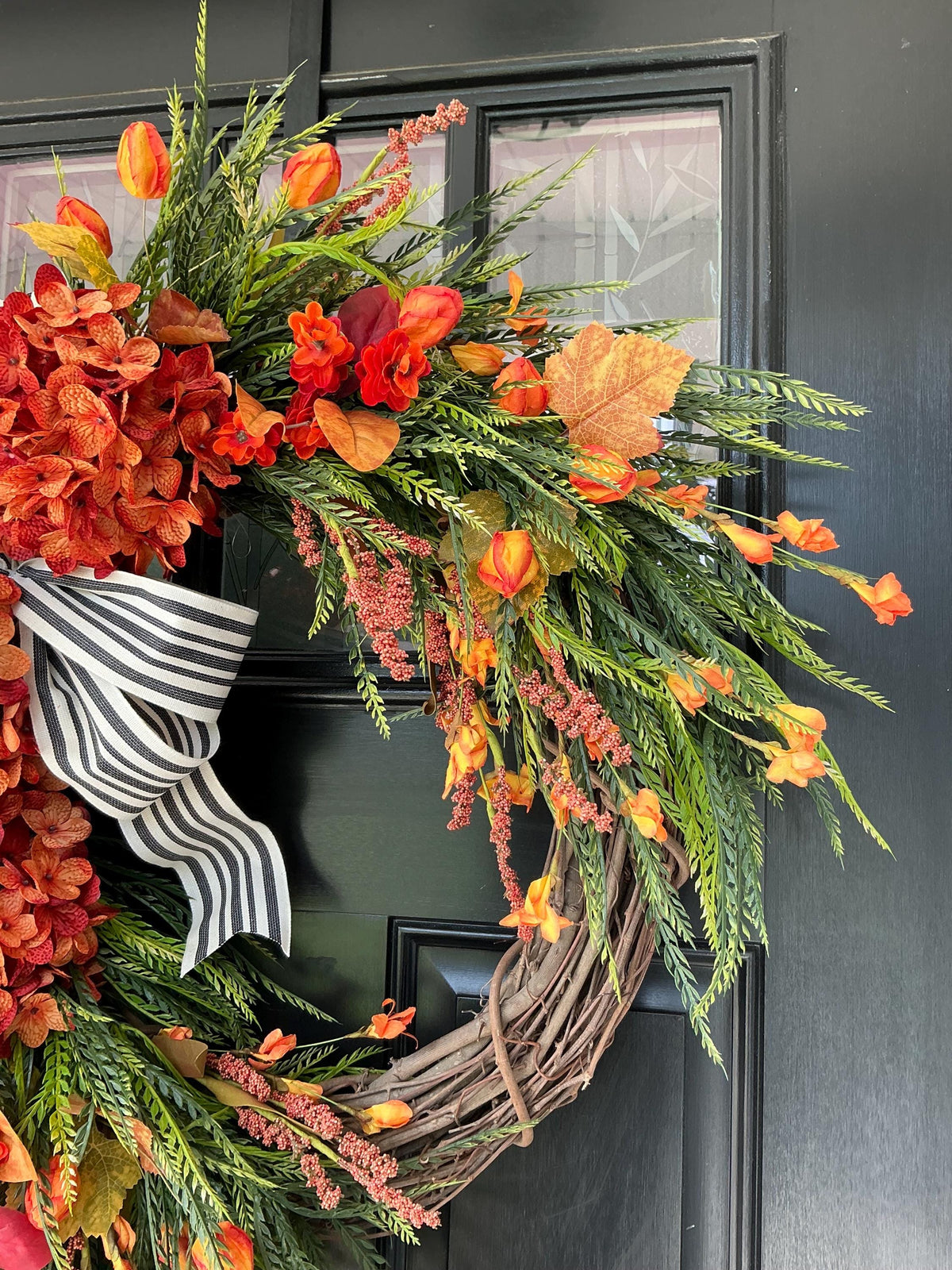 Fall Wreath for Front Door with Orange Hydrangeas