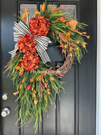 Fall Wreath for Front Door with Orange Hydrangeas