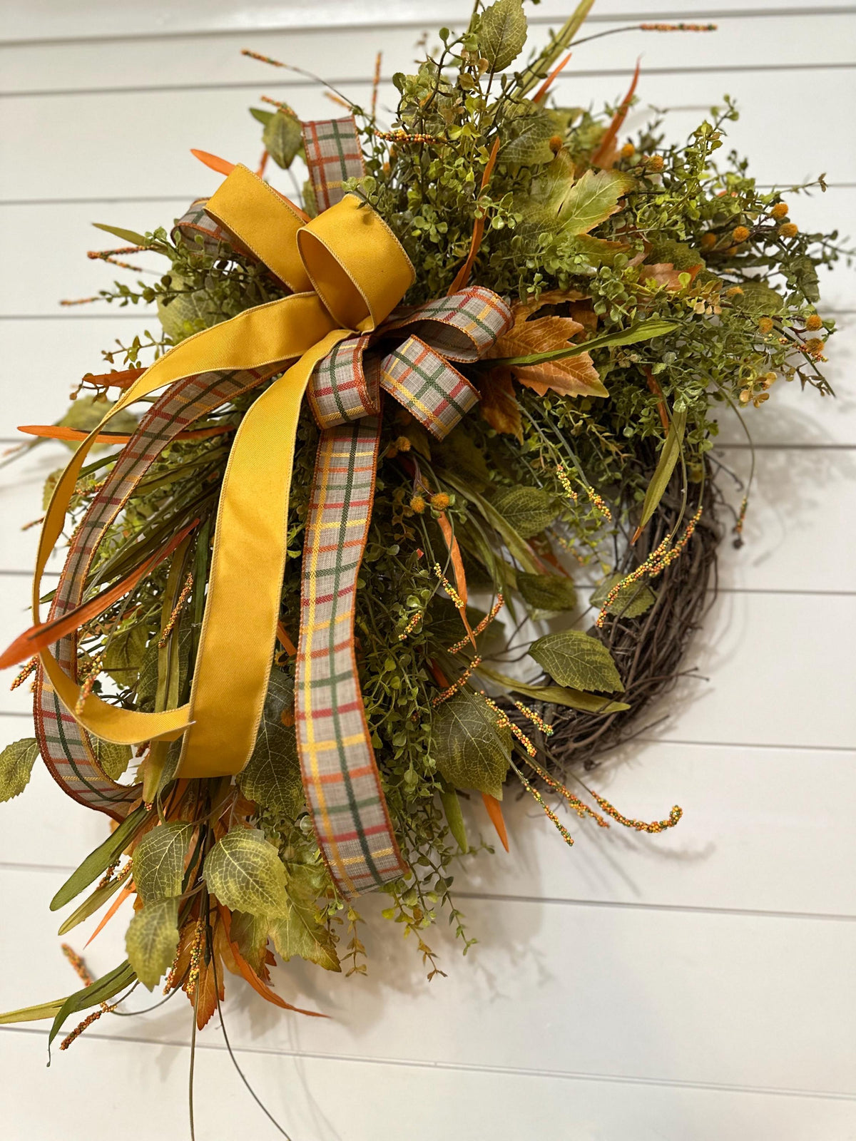 Fall front door wreath, Summer and Fall beaded grass grapevine