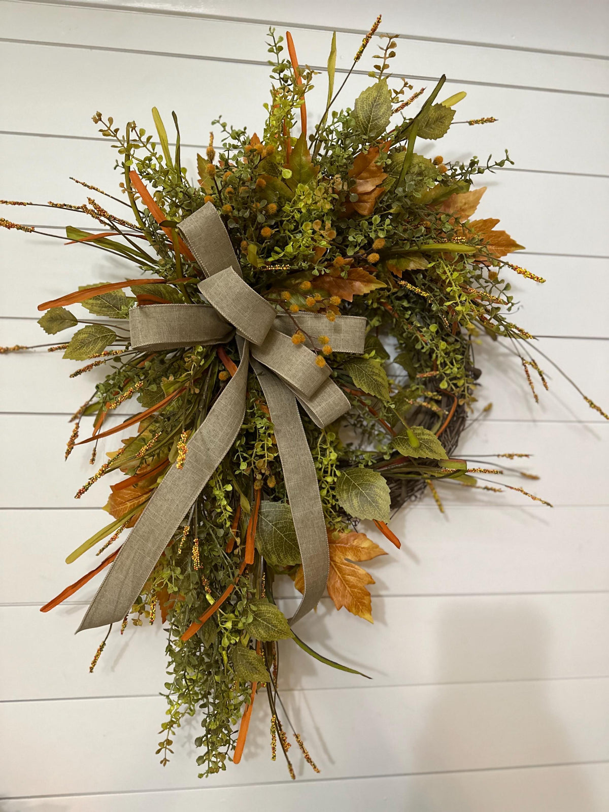 Fall front door wreath, Summer and Fall beaded grass grapevine