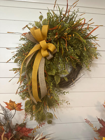 Fall front door wreath, Summer and Fall beaded grass grapevine