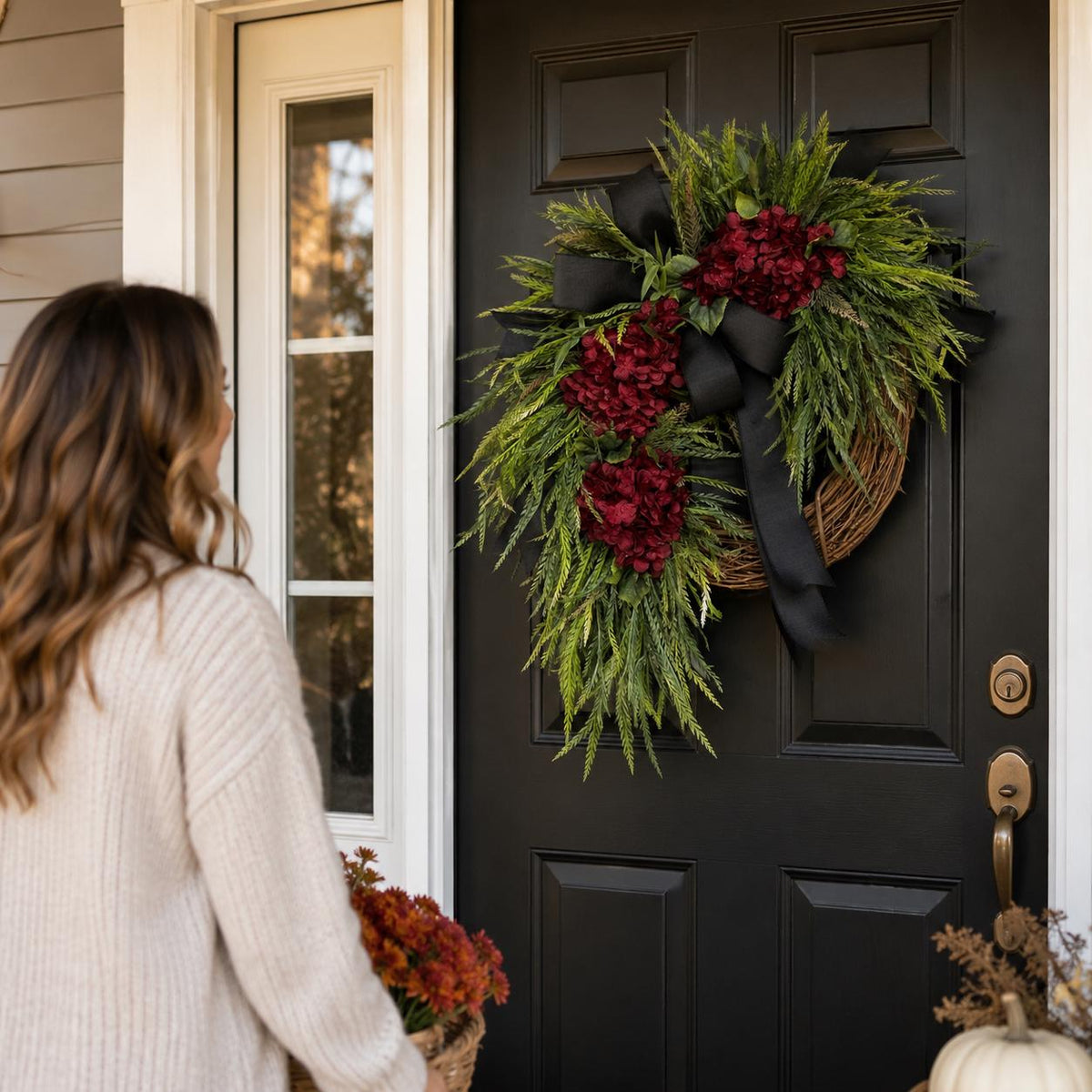 Burgundy Hydrangea Wreath, Fall Front Door Wreath, Black Bow Grapevine Wreath