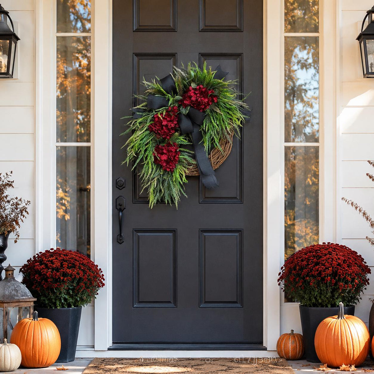 Burgundy Hydrangea Wreath, Fall Front Door Wreath, Black Bow Grapevine Wreath