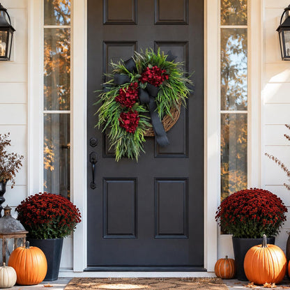 Burgundy Hydrangea Wreath, Fall Front Door Wreath, Black Bow Grapevine Wreath