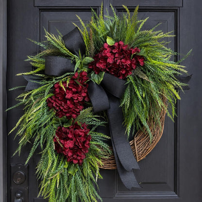 Burgundy Hydrangea Wreath, Fall Front Door Wreath, Black Bow Grapevine Wreath
