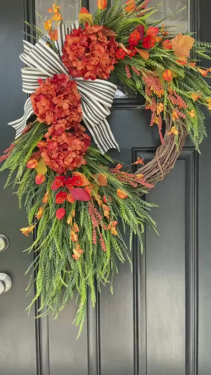 Fall Wreath for Front Door with Orange Hydrangeas