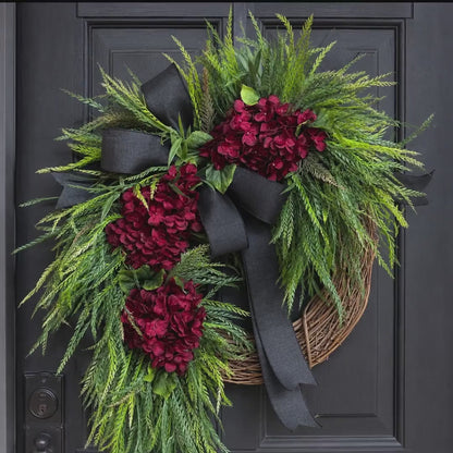 Burgundy Hydrangea Wreath, Fall Front Door Wreath, Black Bow Grapevine Wreath