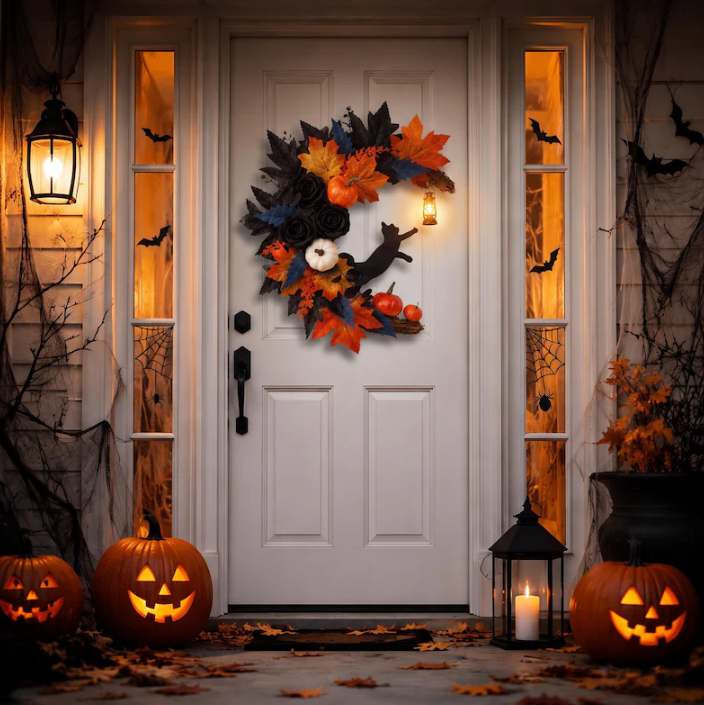 Halloween Black Cat Fall Wreath for Front Door