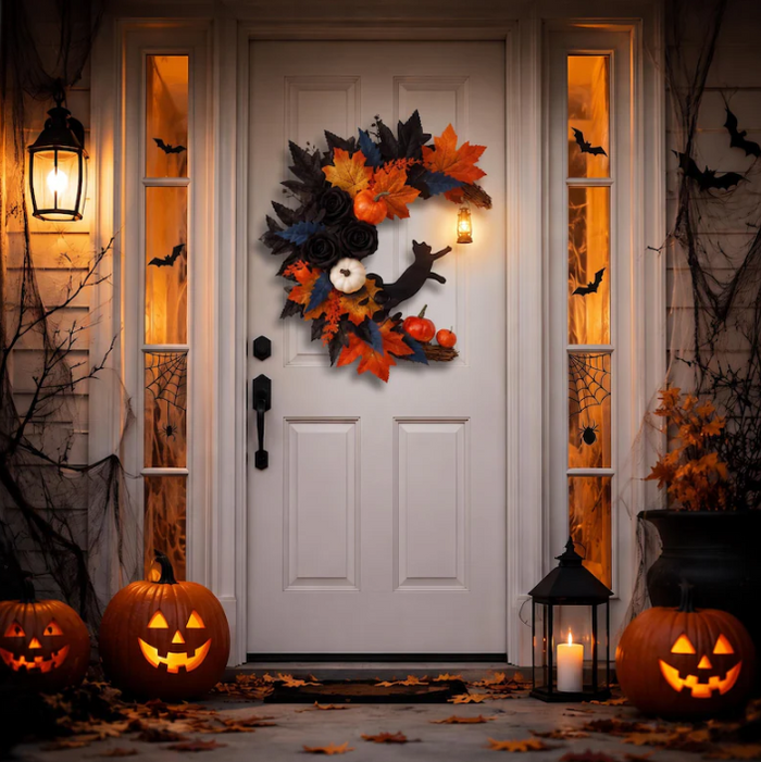 Halloween Black Cat Fall Wreath for Front Door