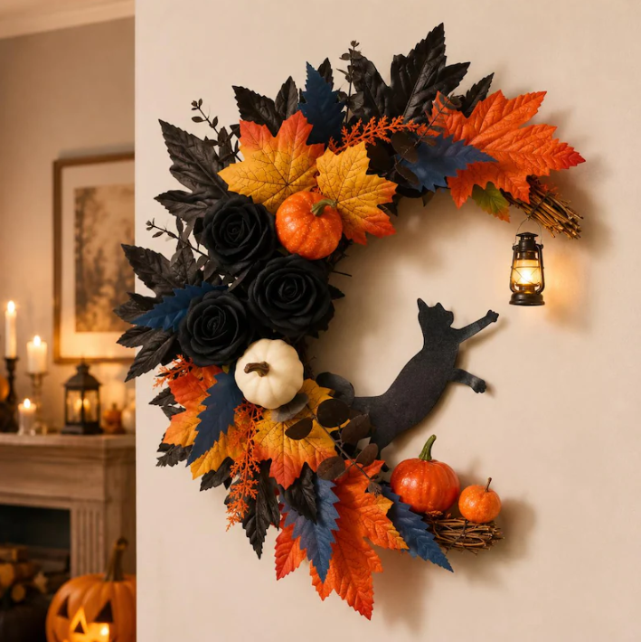 Halloween Black Cat Fall Wreath for Front Door