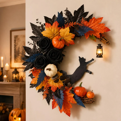 Halloween Black Cat Fall Wreath for Front Door