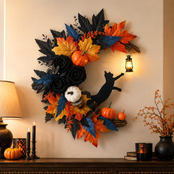 Halloween Black Cat Fall Wreath for Front Door