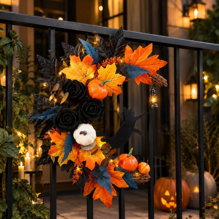 Halloween Black Cat Fall Wreath for Front Door
