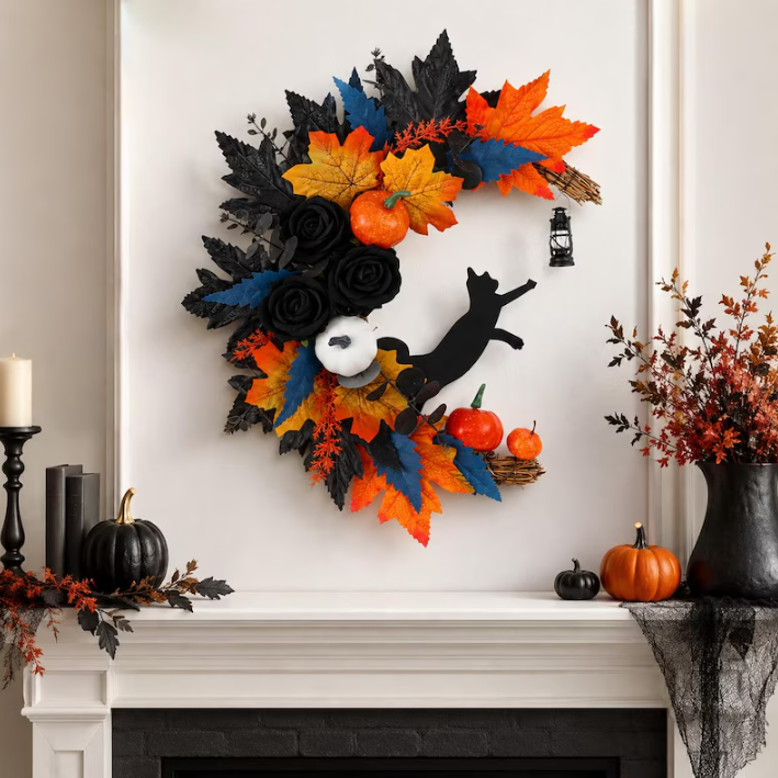 Halloween Black Cat Fall Wreath for Front Door
