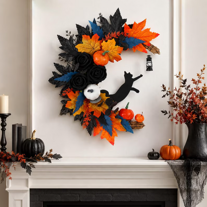 Halloween Black Cat Fall Wreath for Front Door